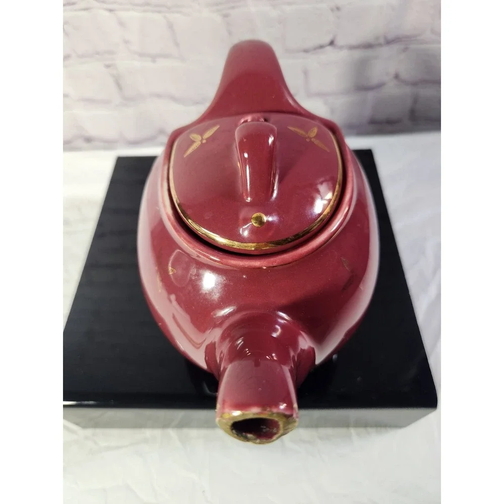 Vintage Hall Gold Leaf Design 6cup Teapot #0753 Maroon Burgundy‎ Rare Hinged Lid